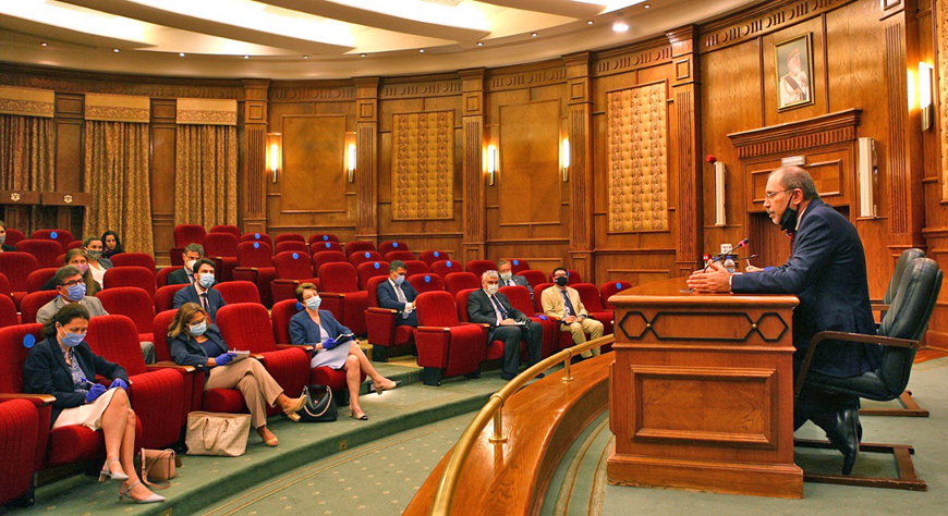 Foreign Minister Ayman Safadi on Sunday held two separate meetings with EU ambassador and representatives of EU countries to Jordan and representatives of UN organisations in Jordan (Photo courtesy of the Foreign Ministry)