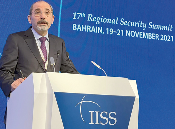 Deputy Prime Minister and Foreign Minister Ayman Safadi addresses the 17th IISS Manama Dialogue on Saturday (Photo courtesy of Foreign Ministry)