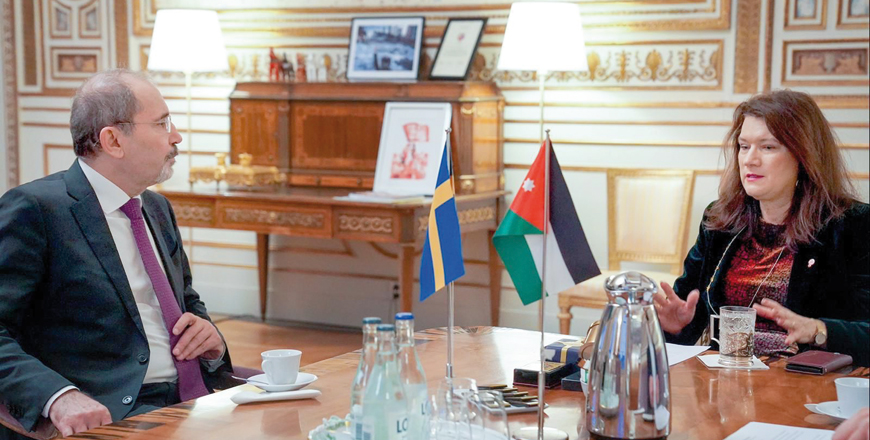 Deputy Prime Minister and Foreign Minister Ayman Safadi meets with Swedish Foreign Minister Ann Linde in Stockholm on Tuesday (Photo courtesy of Foreign Ministry)