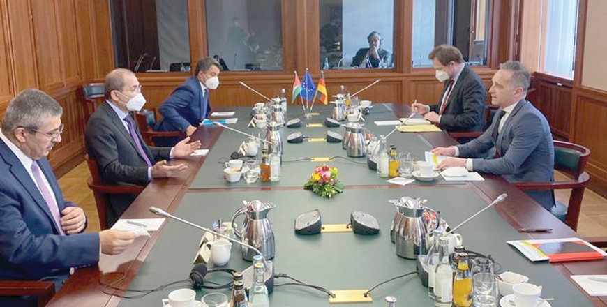 Deputy Prime Minister and Foreign Minister Ayman Safadi holds talks with German Foreign Minister Heiko Maas in Berlin on Wednesday (Photo courtesy of Foreign Ministry)