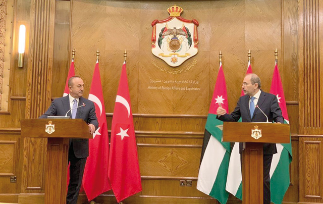 Deputy Prime Minister and Minister of Foreign Affairs Ayman Safadi speaks during a joint press conference with Turkish Foreign Minister Mevlut Cavusoglu in Amman on Tuesday (Photo courtesy of  Foreign Ministry)