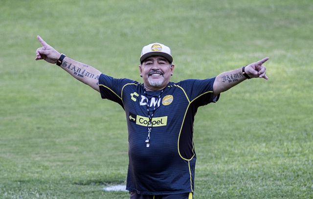 Argentine legend Diego Maradona gestures during his first training session as coach of Mexican football club Dorados, at the Banorte Stadium in Culiacan, Sinaloa State, Mexico on September 10, 2018. Argentine legend Diego Maradona was hospitalised in Buenos Aires after a scheduled medical check up. according to local press (AFP file photo)