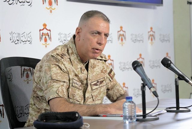 Deputy Director of the National Centre for Security and Crisis Management Brig. Gen. Mazen Faraiah speaks during a press briefing at the Prime Ministry on Sunday (Petra photo)