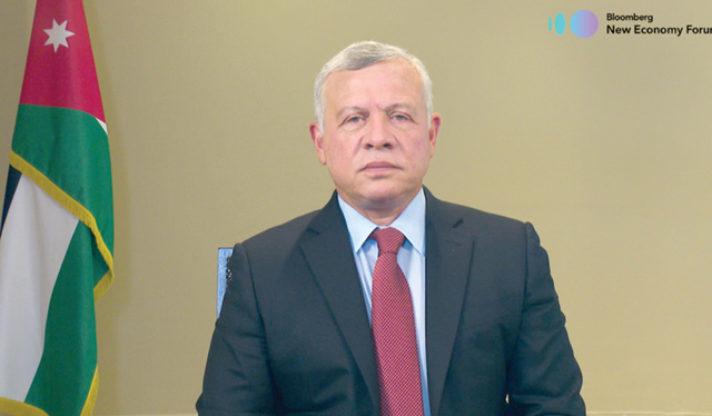 His Majesty King Abdullah takes part in the Bloomberg New Economy Forum, held virtually, on Monday (Photo courtesy of Royal Court)