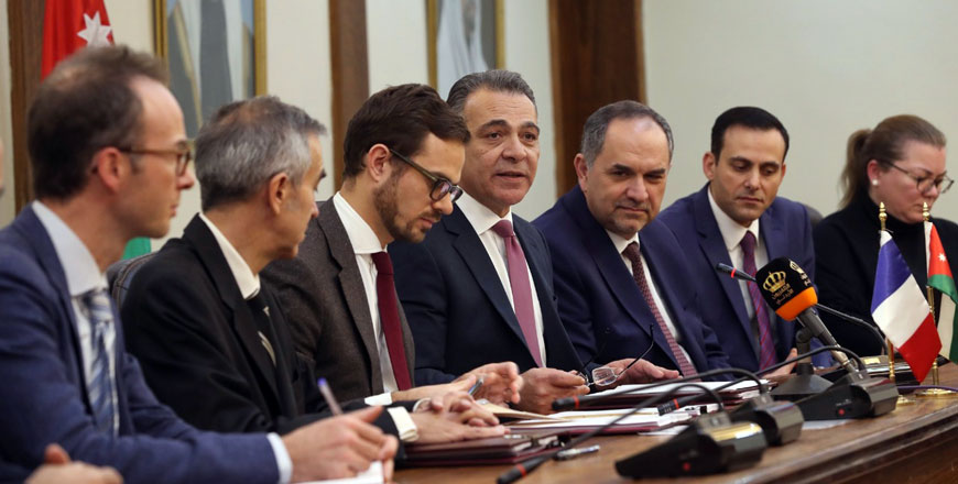   Planning and International Cooperation Minister Wissam Rabadi, Acting French Charge d'Affaires Thierry Caboche and AFD Director in Amman Luc Le Cabellec sign three soft loan agreements totalling 250m euros in the presence of Justice Minister Bassam Talhouni on Wednesday (Photo courtesy of Planning Ministry)