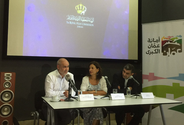Stephane Delaporte, director of the French Institute of Jordan (left), RFC Culture and Communication Manager Nada Doumani and Ibrahim Khreis, deputy manager for community development at the Greater Amman Municipality at a press conference in Amman on Monday (Photo by Dana Al Emam)
