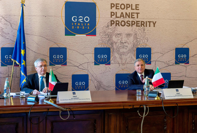 This photo shows Italy's Economy Minister Daniele Franco (left) and Governor of the Bank of Italy Ignazio Visco during the streamed G-20 finance ministers and Central Bank governors meeting in Rome on Friday (AFP photo)