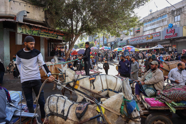 Displaced people use animal-drawn carts for transportation in Deir Balah on the central Gaza Strip on November 20 (AFP photo)