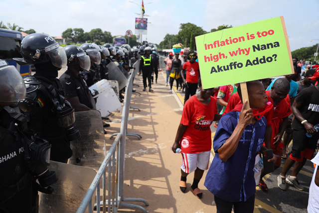 In this file photo taken on June 29, protesters march towards the Presidential Palace on the second day of a demonstration over soaring living costs in Accra, Ghana (AFP photo)