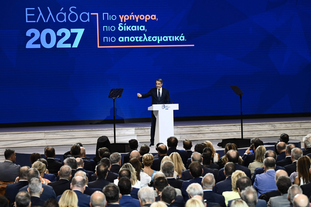 Greek Prime Minister Kyriakos Mitsotakis delivers a speech during the opening of the annual Thessaloniki International Fair (TIF) in Thessaloniki, northern Greece, on Saturday (AFP photo)