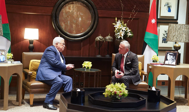 His Majesty King Abdullah meets with Palestinian President Mahmoud Abbas at Al Husseiniya Palace on Wednesday (Photo courtesy of Royal Court)