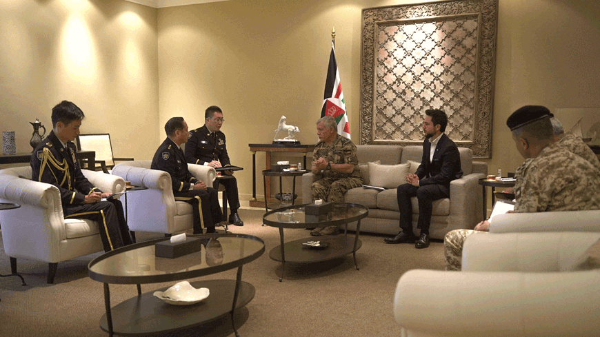 His Majesty King Abdullah receives the Chief of Staff of the Japan Self-Defence Forces Gen. Koji Yamazaki, during a meeting attended by HRH Crown Prince Hussein, on Monday (Photo courtesy of Royal Court)