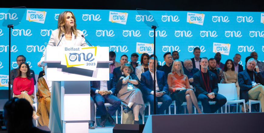Her Majesty Queen Rania addresses the One Young World Summit in Northern Ireland’s city of Belfast on Monday (Photo courtesy of Her Majesty's office)