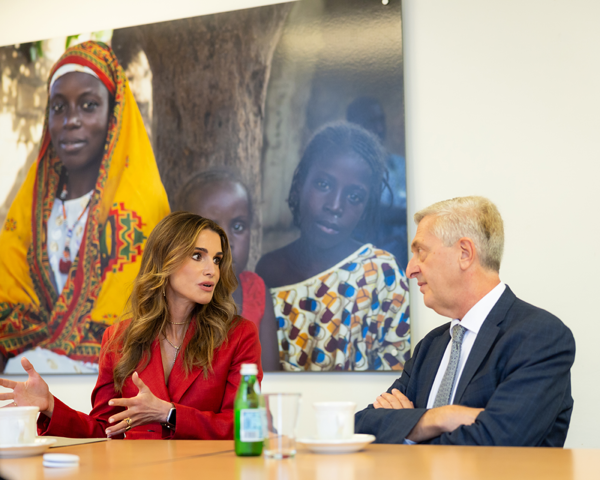 Her Majesty Queen Rania meets with United Nations High Commissioner for Refugees Filippo Grandi at the UN Refugee Agency offices in New York on Monday (Photo courtesy of Her Majesty’s office)