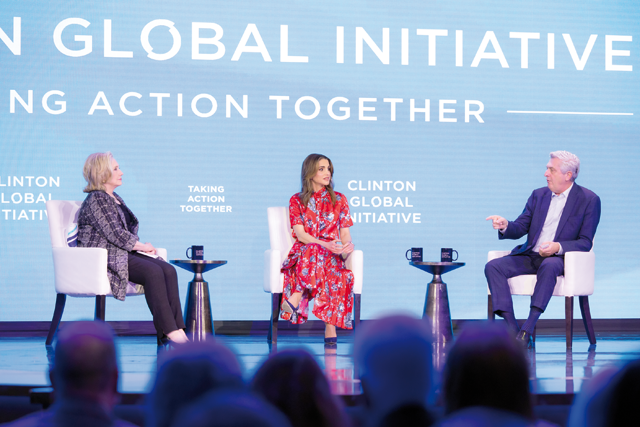 Her Majesty Queen Rania during a conversation with former US Secretary of State Hillary Clinton and United Nations High Commissioner for Refugees Filippo Grandi on Tuesday at the Clinton Global Initiative in New York (Photo courtesy of Royal Court)