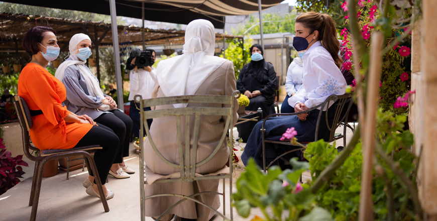 Her Majesty Queen Rania visits Beit Khairat Souf in Jerash on Tuesday (Photo courtesy of Royal Court)