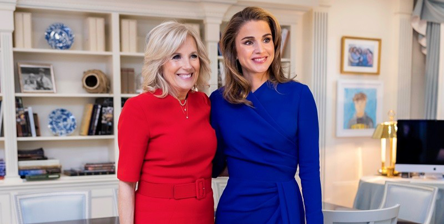 Her Majesty Queen Rania meets with US First Lady Dr Jill Biden at the White House on Wednesday (Photo courtesy of Royal Court)