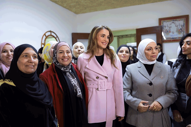Her Majesty Queen Rania during a visit to Al Nashmiyat Charitable Society for Women Empowerment in Tabarbour on Monday (Photo courtesy of Royal Court)
