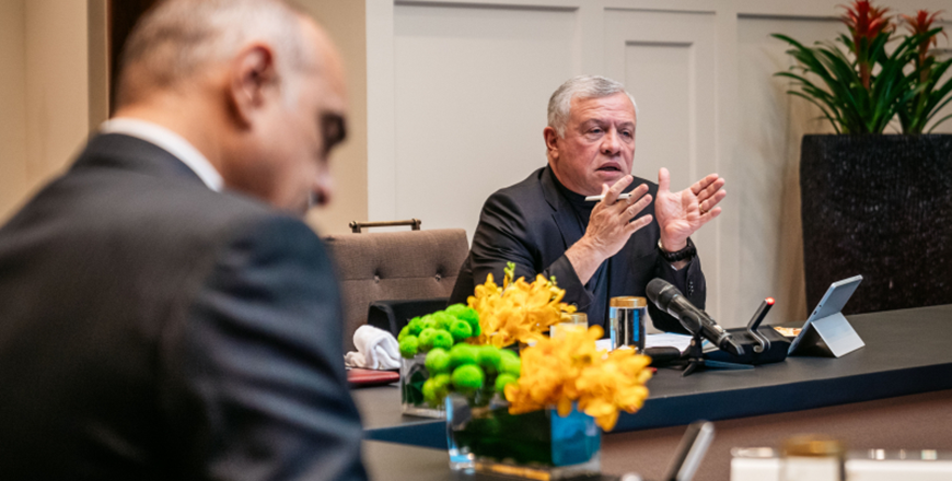 His Majesty King Abdullah is briefed on the government’s programme to implement the Economic Modernisation Vision in mining and energy, during a meeting attended by HRH Crown Prince Hussein, at Al Husseiniya Palace on Tuesday (Photo courtesy of Royal Court) 