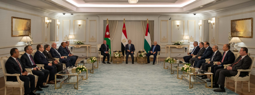 His Majesty King Abdullah participates in a trilateral summit with Egypt President Abdel Fattah El Sisi and Palestinian President Mahmoud Abbas in New El Alamein City on Monday (Photo courtesy of Royal Court)