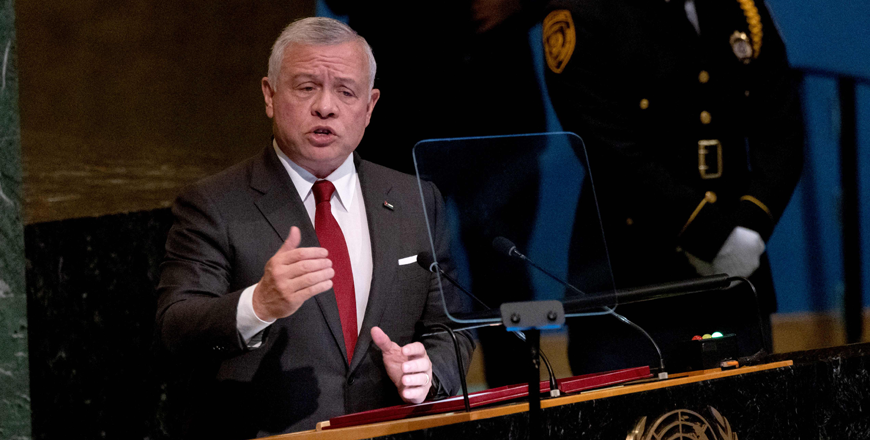 His Majesty King Abdullah addresses the 77th session of the United Nations General Assembly at UN headquarters in New York City on Tuesday (AFP photo by Yuki Iwamura)