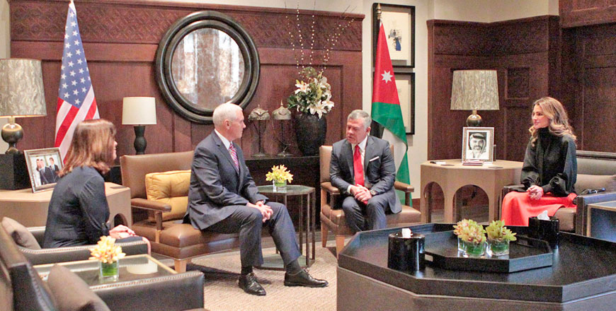 His Majesty King Abdullah meets with US Vice President Mike Pence at Al Husseiniya Palace on Sunday, in the presence of Her Majesty Queen Rania and US second lady Karen Pence (Photo courtesy of Royal Court)