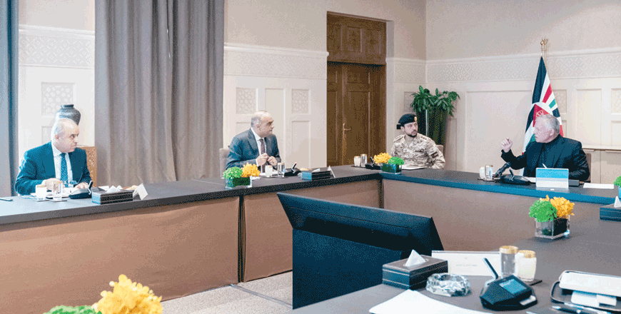 His Majesty King Abdullah is briefed on the government’s programme to implement the Economic Modernisation Vision in education, during a meeting at Al Husseiniya Palace, attended by HRH Crown Prince Hussein, on Tuesday (Photo courtesy of Royal Court)