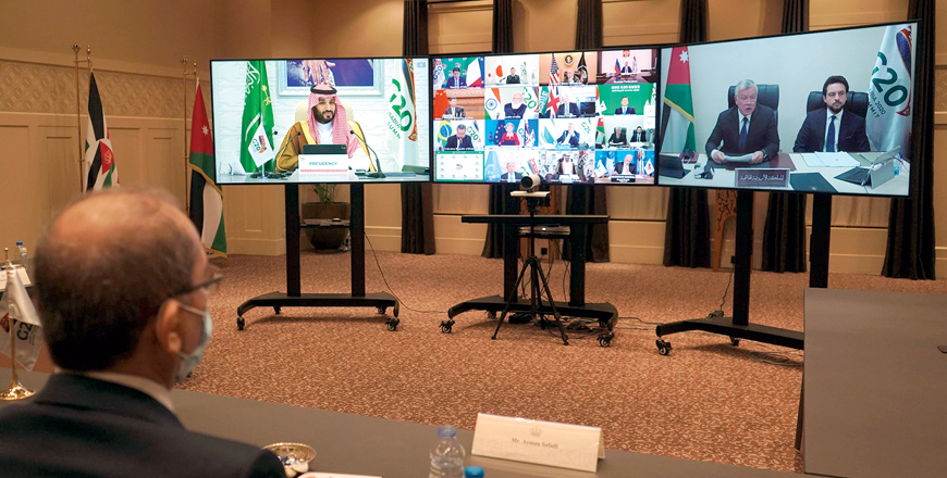 His Majesty King Abdullah, accompanied by HRH Crown Prince Hussein, participates as a guest of honour in the G-20 Leaders’ Summit, held virtually by Saudi Arabia, on Saturday (Photo courtesy of Royal Court)