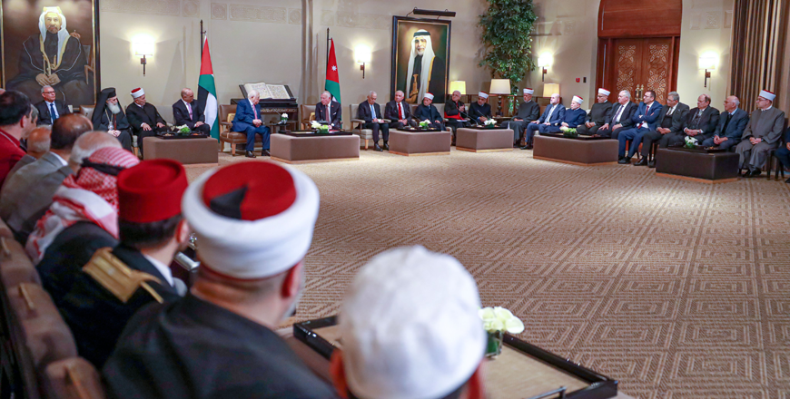 His Majesty King Abdullah, in the presence of Palestinian President Mahmoud Abbas, meets with Muslim and Christian Jerusalemite figures at Al Husseiniya Palace on Sunday (Photo courtesy of Royal Court)