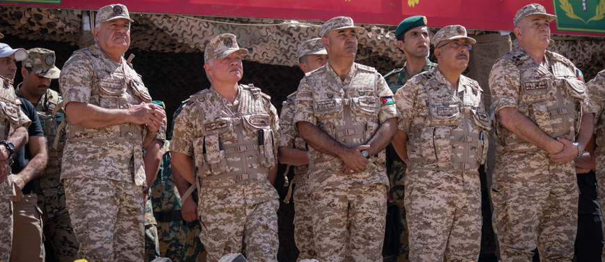 His Majesty King Abdullah, the Supreme Commander of the Jordan Armed Forces-Arab Army, attends a tactical military exercise conducted by the Northern Military Region’s 12th Yarmouk Mechanised Brigade on Monday  (Photo courtesy of Royal Court)