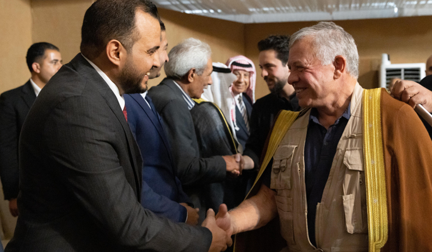 His Majesty King Abdullah, accompanied by HRH Crown Prince Hussein, meets with a number of local community leaders in Madaba on Tuesday  (Photo courtesy of Royal Court)