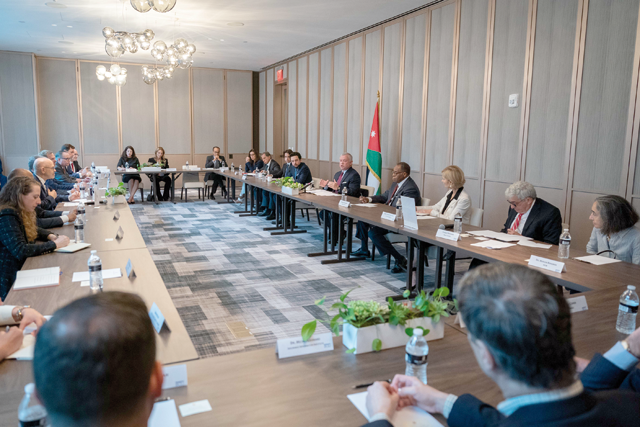 His Majesty King Abdullah meets with CEOs and representatives of major US and international companies, during a meeting attended by HRH Crown Prince Hussein, in New York on Monday  (Photo courtesy of Royal Court)
