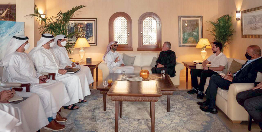His Majesty King Abdullah meets with an Emirati delegation headed by UAE National Security Adviser Sheikh Tahnoun Bin Zayed Al Nahyan, during a meeting attended by HRH Crown Prince Hussein, on Saturday (Photo courtesy of Royal Court)