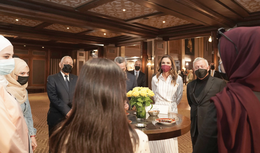 Their Majesties King Abdullah and Queen Rania receive top General Secondary Education Certificate Examination achievers at Al Husseiniya Palace on Monday (Photo courtesy of Royal Court)
