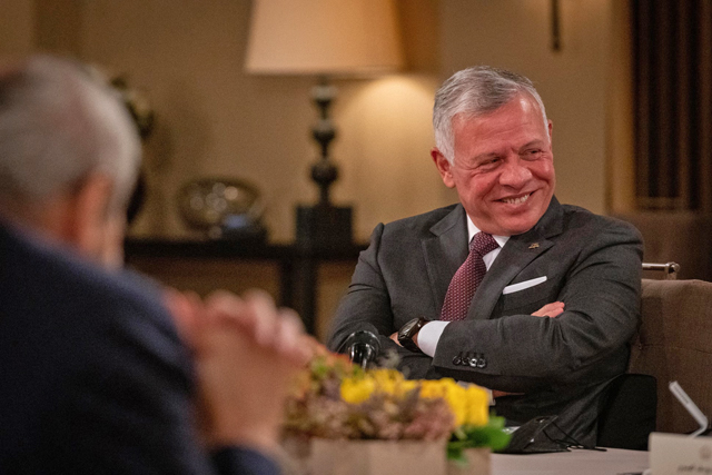 His Majesty King Abdullah during a meeting with former prime ministers and ministers on Wednesday (Photo courtesy of Royal Court)