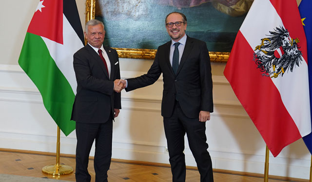His Majesty King Abdullah meets with Federal Chancellor of Austria Alexander Schallenberg in Vienna on Monday (Photo courtesy of Royal Court)
