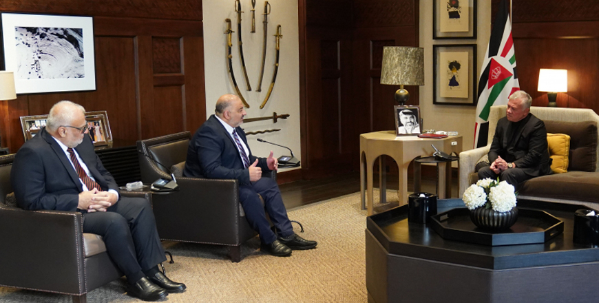 His Majesty King Abdullah receives the chairman of the United Arab List at the Israeli Knesset, Mansour Abbas, at Al Husseiniya Palace on Tuesday (Photo courtesy of Royal Court)