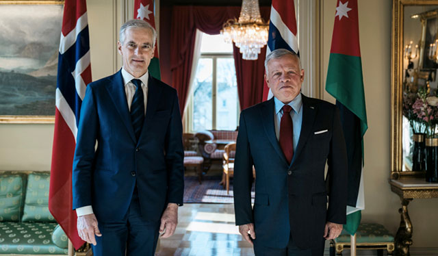 His Majesty King Abdullah with Norwegian Prime Minister Jonas Gahr Støre in Oslo on Sunday (Photo courtesy of Royal Court)