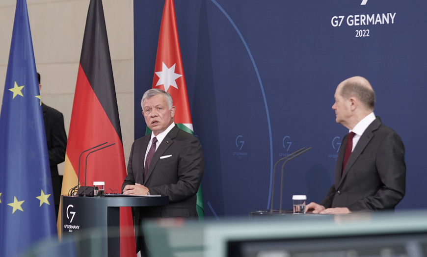 His Majesty King Abdullah and German Chancellor Olaf Scholz hold a joint press conference at the Federal Chancellery in Berlin on Tuesday (Photo courtesy of Royal Court)