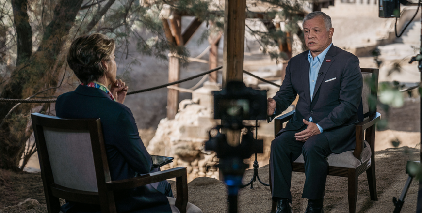 His Majesty King Abdullah speaks to CNN’s Becky Anderson during an interview at the Baptism Site of Jesus Christ in Jordan (Photo courtesy of Royal Court)