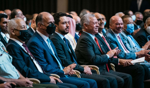 His Majesty King Abdullah, accompanied by HRH Crown Prince Hussein, attends the launch of the Economic Modernisation Vision at the King Hussein Bin Talal Convention Centre at the Dead Sea on Monday (Photo courtesy of Royal Court)