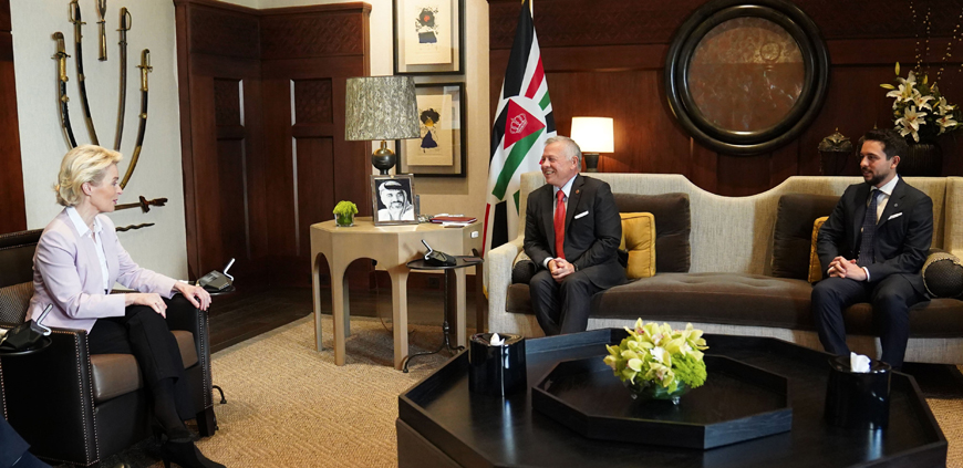 His Majesty King Abdullah meets with European Commission President Ursula von der Leyen, during a meeting attended by HRH Crown Prince Hussein, at Al Husseiniya Palace on Wednesday (Photo courtesy of Royal Court)