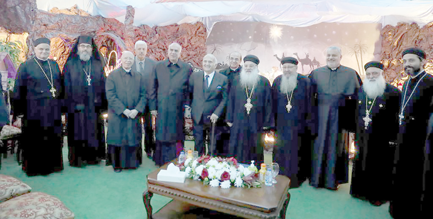 HRH Prince Hassan with church leaders during a gathering at the Virgin Mary Coptic Orthodox Church of Jordan on Monday (Petra photo)