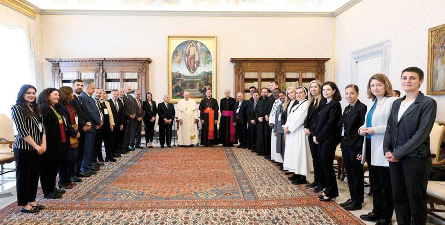 Pope Francis and HRH Prince Hassan pose for a group photo during a colloquium at the Vatican last week (Petra photo)