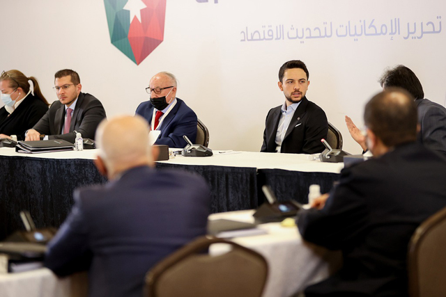 HRH Crown Prince Hussein attends part of the National Economic Workshop sessions, held at the Royal Hashemite Court, on Wednesday (Photo courtesy of Royal Court)