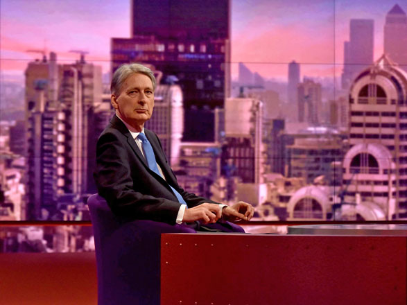 Britain's Chancellor of the Exchequer Philip Hammond attends the Marr Show at the BBC in London on Sunday (Reuters photo)