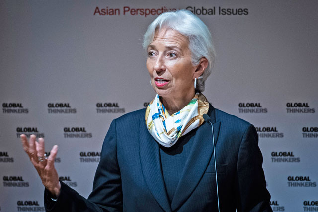 Managing Director of the International Monetary Fund Christine Lagarde speaks at an event, organised by the Asia Global Institute at the University of Hong Kong, on Wednesday (AFP photo)  