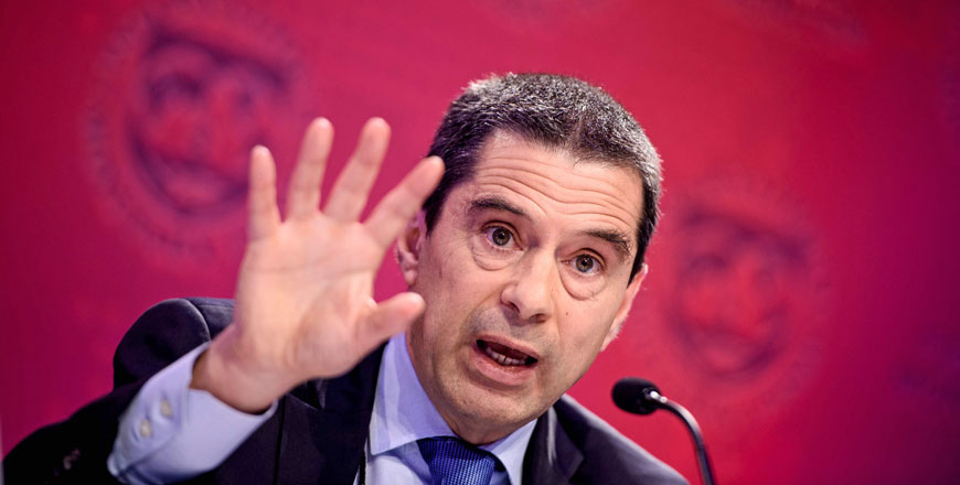 Vitor Gaspar, director of the International Monetary Fund's Fiscal Affairs Department, speaks during a Fiscal Monitor briefing at the 2018 IMF/World Bank Spring meetings in Washington, DC, on Wednesday (AFP photo)
