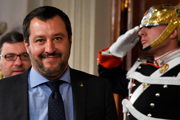 Matteo Salvini, leader of the far-right party ‘Lega’ (League) smiles after a meeting with Italian President Sergio Mattarella as part of consultations of political parties to form a government, at the Quirinale palace in Rome, on Monday (AFP photo)