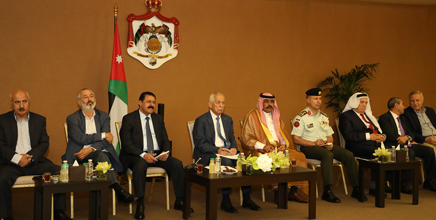 Royal Court Chief Yousef Issawi meets with notables and representatives from Madaba at the Royal Hashemite Court on Thursday (Petra photo)